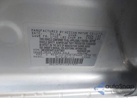 2018 Nissan Versa 1.6 Sv z USA, uszkodzony, nr VIN 3N1CN7AP7JL877837